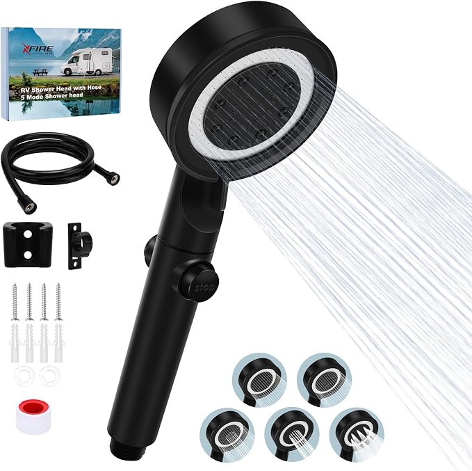 5+1 Mode High Pressure Replacement Black RV Shower Head with Hose | On/Off Switch, Water Saving Motorhome Shower Head for RV/Campervan, Caravan