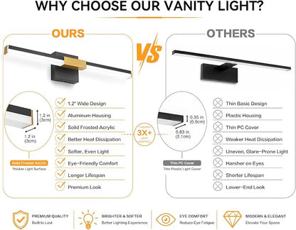 SOLFART Vanity Lights for Bathroom Dimmable: Black and Gold 24-Inch Built-in Step Dimming Bathroom Light Fixtures Over Mirror ETL IP44