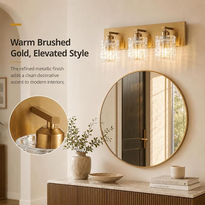 3 Lights Brushed Gold Crystal Bathroom Vanity Light,Modern Bathroom Wall Light,Crystal Over Mirror Light Fixtures for Living Room, Bedroom, Hallway