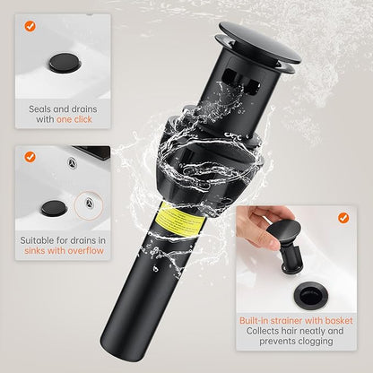 Waterfall Bathroom Faucet 3 Holes, 8 Inch Widespread Faucet 2 Handle Lead-Free Black, Bathroom Faucet with Water Supply Lines Pop Up Drain, Bathroom Basin Lavatory Mixer Tap with Deck Mount Plate