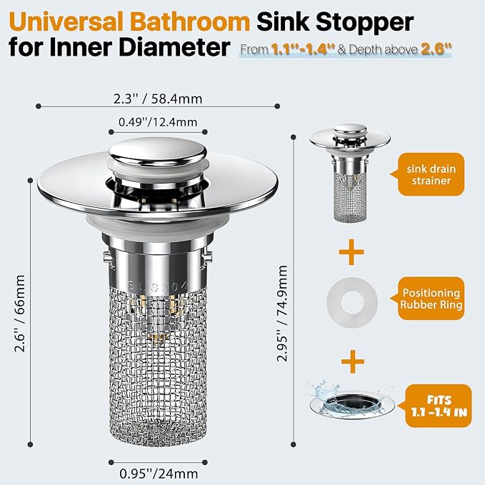 4Pack Bathroom Sink Drainer Hair Catcher, Pop Up Sink Drain Stopper with Filter Basket, Universal Drain Plug for Sink Drain, Stainless Steel Sink Drain Cover with Basket for Bathroom Stopper
