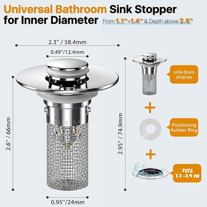 3PCS Bathroom Sink Drain Strainer Hair Catcher, Pop Up Universal Sink Drain Stopper with Removable Drain Filter Basket,Stainless Steel Drain Filter Cover Replacement, Sink Plug, Sink Trap,Drain Screen