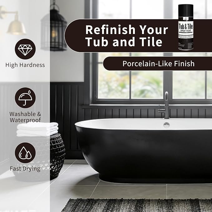 Black Tub Tile Spray Paint High Gloss Spray Paint Waterproof Black Bathtub Tile Refinishing Kit for Tiles Ceramic Porcelain Fiberglass Resurfacing Bathroom Walls Bathtubs Sinks Countertops Toilet