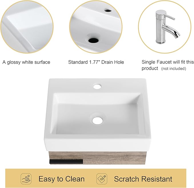 Malwee 18"" Bathroom Vanity with Sink, 18 Inch Floating Bathroom Vanity for Small Space, Single Sink Bathroom Vanity Combo, Modern Bathroom Vanity, Grey Wall Mounted Cabinet Set (HY, 19""*15"")