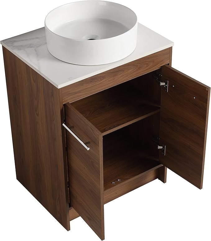 36" Bathroom Vanity, 36" Inch Freestanding Vanity with Ceramic Vessel Sink, Modern Single Sink Bathroom Vanity Combo, Brown Floor Stand Storage Cabinet Set(BRE400, 36 * 18)