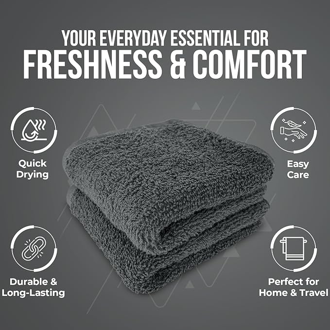 DAN RIVER 24 Pack Cotton Wash Cloths Set for Showering [12x12] Gray | Lighter Weight, Quick to Dry, Super Soft & Absorbent Face Towels, Hotel Quality, Perfect for Bathroom, Gym, Spa