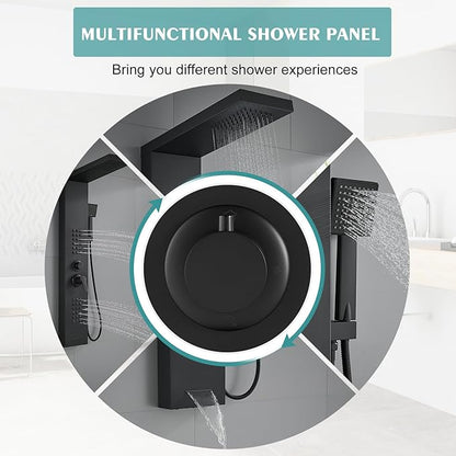 Shower Panel Tower System with Rainfall Shower Head, Powerful Body Jets, Matte Black Shower Tower with Handheld Shower and Tub Spout, Stainless Steel Shower Column High Pressure