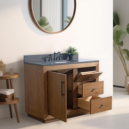 Vanity Art 42" Bathroom Vanity with Sink, Solid Poplar Wood, Vanity Cabinet with Doors and Shelf, Modern Wood Bathroom Vanity with Black Marble Top, 3 Right Functioning Drawer, VA70-42-T-B