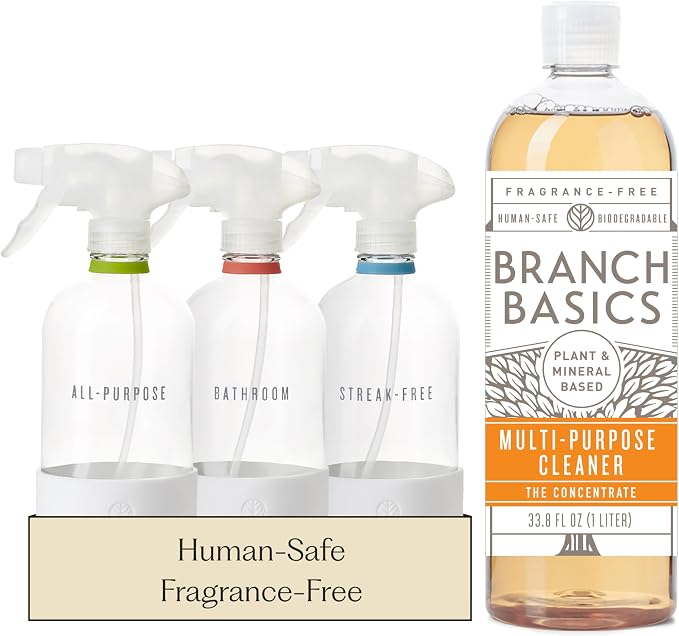 Branch Basics Cleaning Essentials Kit: All Purpose, Glass, Bathroom Cleaner | Plant-Based, Human-Safe, Fragrance-Free. Comes with Concentrate (33.8 oz) + Refillable Glass Bottles (16 oz). 24 Refills
