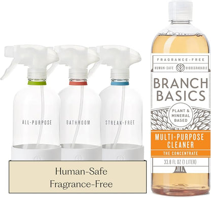 Branch Basics Cleaning Essentials Kit: All Purpose, Glass, Bathroom Cleaner | Plant-Based, Human-Safe, Fragrance-Free. Comes with Concentrate (33.8 oz) + Refillable Glass Bottles (16 oz). 24 Refills