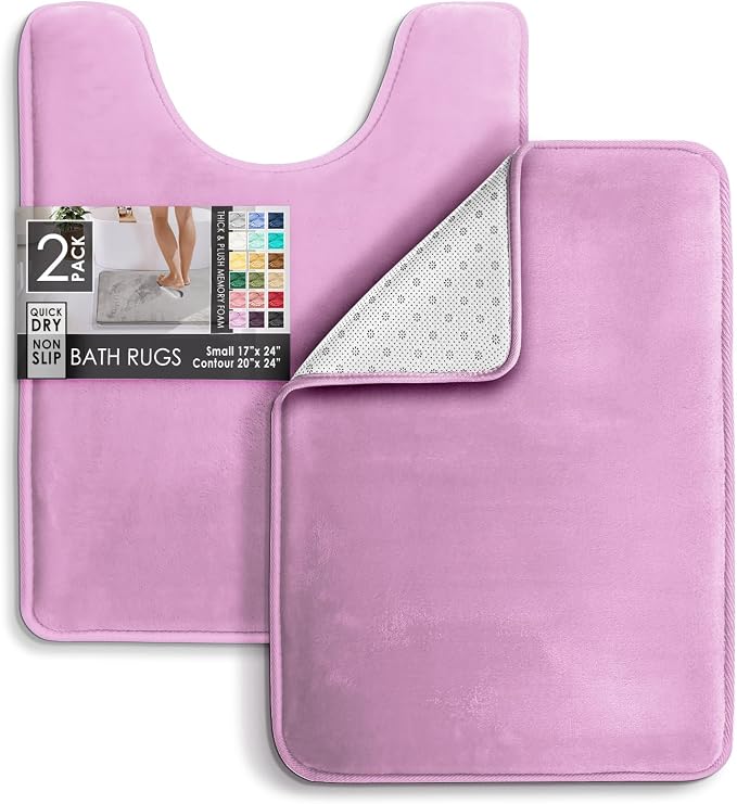 Clara Clark 2 Piece Bathroom Rugs, Velvet Memory Foam Bath Mat Set, Non-Slip Bath Rugs, Machine Wash, Dries Quickly, Ultra Soft Plush Bath Mats for Bathroom, 17 x 24 + Contour, Lavender Dream