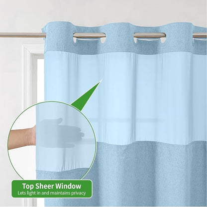 eachope No Hook Fabric Shower Curtain with Snap-in Liner,71x74 Fog Blue | Linen Texture,230GSM Thick Fabric,Hotel Luxury Decor,Mesh Window,Bottom magnetic ,Waterproof & Machine Washable,for Bathroom