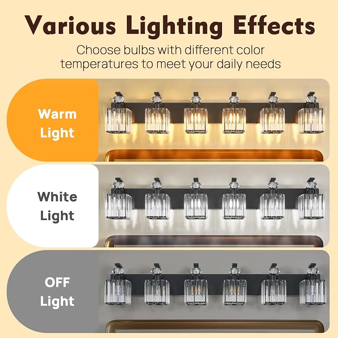 Modern Bathroom Vanity Light, 6-Light Black Bathroom Lighting Fixtures Over Mirror, 44.1" Crystal Wall Light Sconce for Bathroom/Bedroom/Vanity, Includes LED Bulbs, Easy Installation
