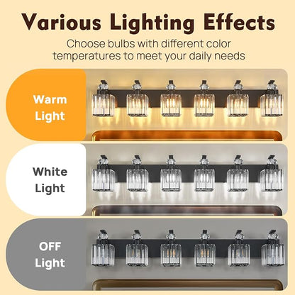 Modern Bathroom Vanity Light, 6-Light Black Bathroom Lighting Fixtures Over Mirror, 44.1" Crystal Wall Light Sconce for Bathroom/Bedroom/Vanity, Includes LED Bulbs, Easy Installation