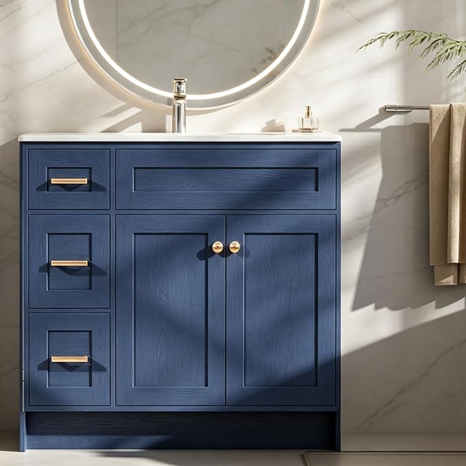 Blue Bathroom Vanity with Sink 36inch | 2 Doors and 3 Drawers | Wood Storage Basin Cabinet with Ceramic Basin for Home and Office