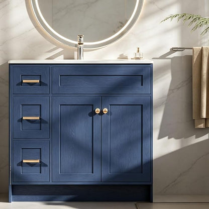 Blue Bathroom Vanity with Sink 36inch | 2 Doors and 3 Drawers | Wood Storage Basin Cabinet with Ceramic Basin for Home and Office