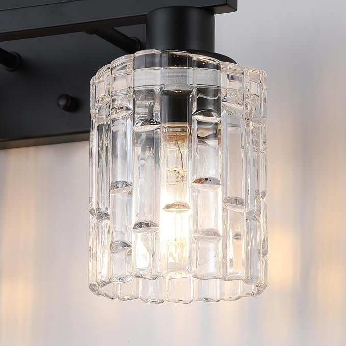 2 Light Matte Black Bathroom Vanity Light Over Mirror, Modern Vanity Lighting with Crystal Glass Shade, Wall Mount Bathroom Light Fixtures, E26 Base