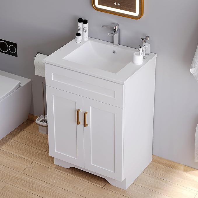 Bathroom 24" Vanity with Ceramic Sink, Wooden Double Door Bathroom Storage Cabinet, Freestanding Cabinet Vanity with Sink (Paint, White,24")