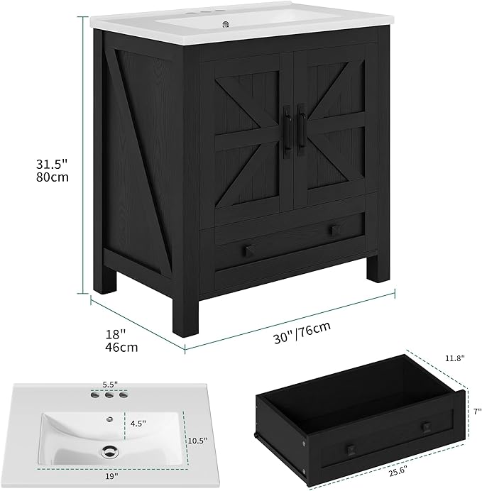YITAHOME 30 Inch Farmhouse Bathroom Vanity with Sink, Small Space Bathroom Storage Cabinet with Large Drawer, 2 Wood Barn Doors with Built-in Door Racks