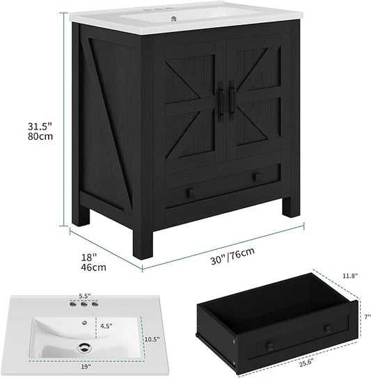YITAHOME 30 Inch Farmhouse Bathroom Vanity with Sink, Small Space Bathroom Storage Cabinet with Large Drawer, 2 Wood Barn Doors with Built-in Door Racks