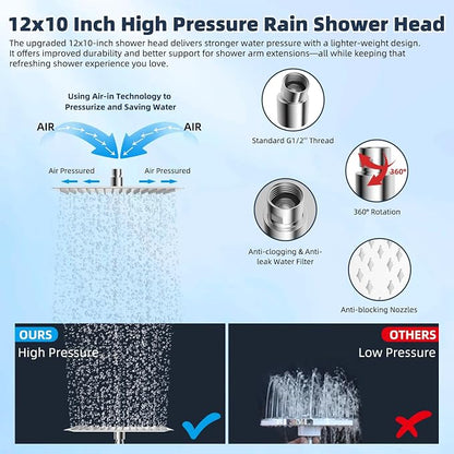 Hibbent All Metal 12'' Filtered Rainfall Shower Head Combo, High Pressure Handheld Shower Wand, 12'' Adjustable Curved Extension Arm, 20 Stage Shower Filter, 71'' Hose, Shower Head Holders, Chrome