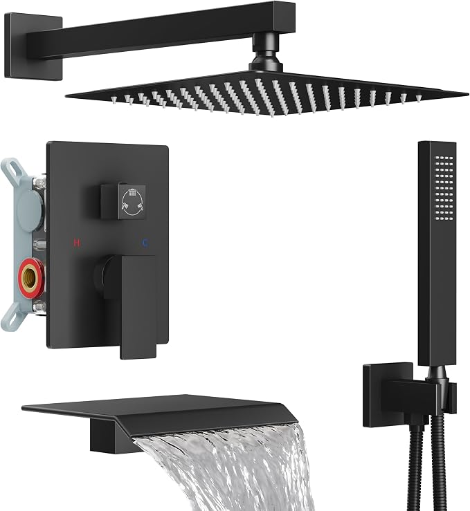 Midanya Shower System with Tub Spout,10 Inch Shower Head,Matte Black | with Valve & Trim Kit,Square Rain Head,Handheld Sprayer,Waterfall Spout,All Metal Wall Mount Bathroom Shower Tub Faucet Set