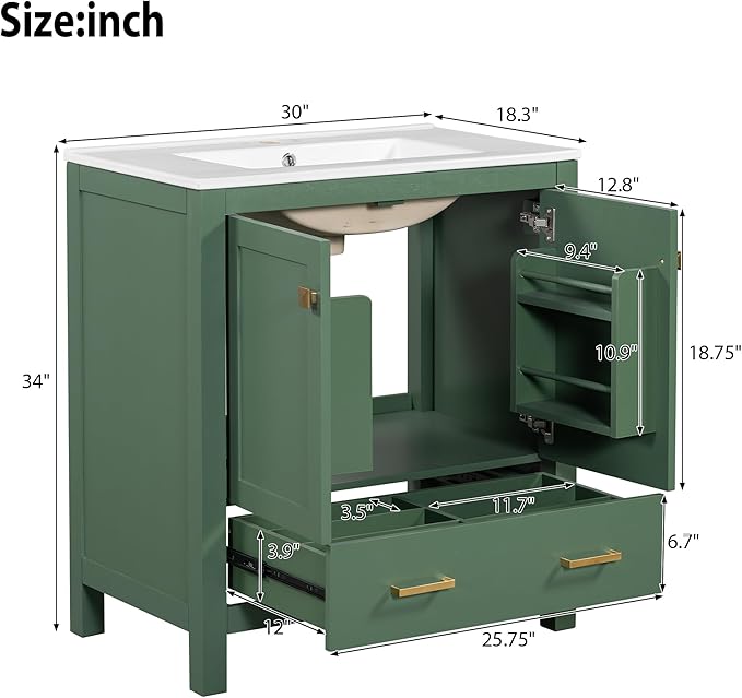 LUMISOL 60" Bathroom Vanity with Double Sink, Solid Wood Bathroom Sink Cabinet with Divided Drawers, Storage Racks & Cabinets, Separate 2 Bathroom Vanities with Double Ceramic Sinks, Green