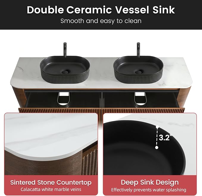 72" Floating Bathroom Vanity with Double Black Sink, Walnut | Pre-Assembled Fluted Wall Mounted Vanity with Ceramic Sink, Sintered Stone Countertop, Soft-Close Drawers & Towel Rack