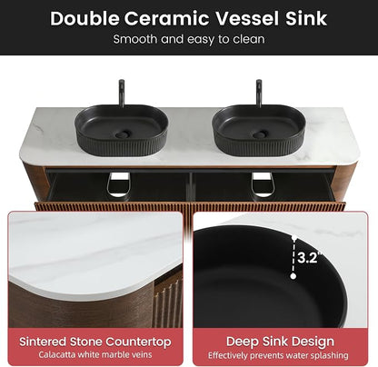 72" Floating Bathroom Vanity with Double Black Sink, Walnut | Pre-Assembled Fluted Wall Mounted Vanity with Ceramic Sink, Sintered Stone Countertop, Soft-Close Drawers & Towel Rack