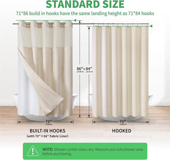 eachope Extra Long No Hook Shower Curtain with Snap-in Liner,71x86,Cream | Boho Arch Textured,230GSM Thick Fabric,Sheer Window,Magnetic Weighted Hem,Waterproof & Machine Washable,for Bathroom,Hotel