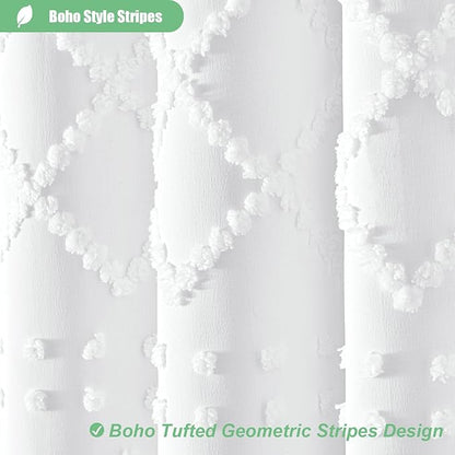 Long Boho Farmhouse Shower Curtain Tufted Geometric 72"x80" White | 80 Inch Tall, Elegant Tassel, Lightweight Textured Fabric, Water Repellent, Washable, Hotel Spa, for Bathroom/Dorm 12 Hooks