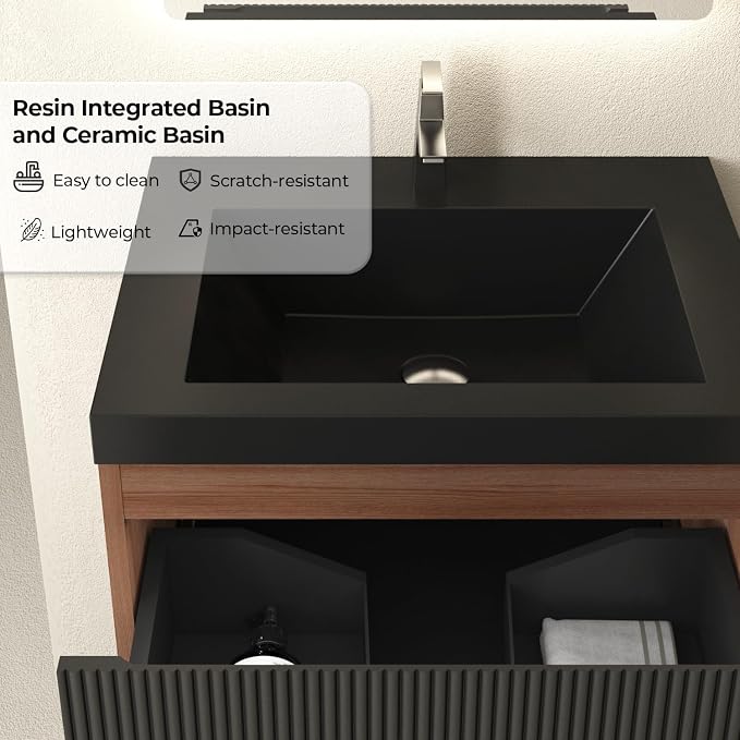 24 Inch Floating Bathroom Vanity with Sink, Wall Mounted Striped Storage Cabinet, Soft Close Drawer, Black Quartz Sand Basin, Fully Assembled, Smoked Walnut Finish
