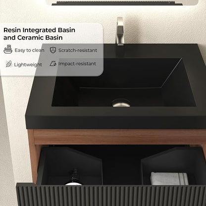 24 Inch Floating Bathroom Vanity with Sink, Wall Mounted Striped Storage Cabinet, Soft Close Drawer, Black Quartz Sand Basin, Fully Assembled, Smoked Walnut Finish