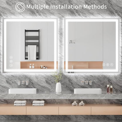 Koonmi 30x30 LED Bathroom Mirror with Light, Anti-Fog, 3 Colors | Backlit + Front Lit, Dimmable Brightness, Shatterproof HD Distortion-Free Tempered Glass, Hardware Included