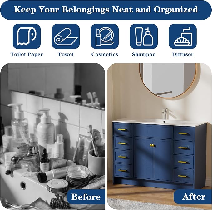 Blue Bathroom Vanity with Sink 48inch | 2 Doors and 8 Drawers | Wood Storage Basin Cabinet with Ceramic Basin for Home and Office