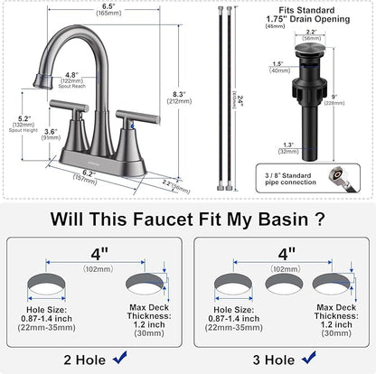 Bathroom Faucets for Sink 3 Hole, Hurran 4 inch Brushed Grey Bathroom Sink Faucet with Pop-up Drain and Supply Hoses, Stainless Steel Lead-Free Centerset Touch On Faucets for Vanity RV