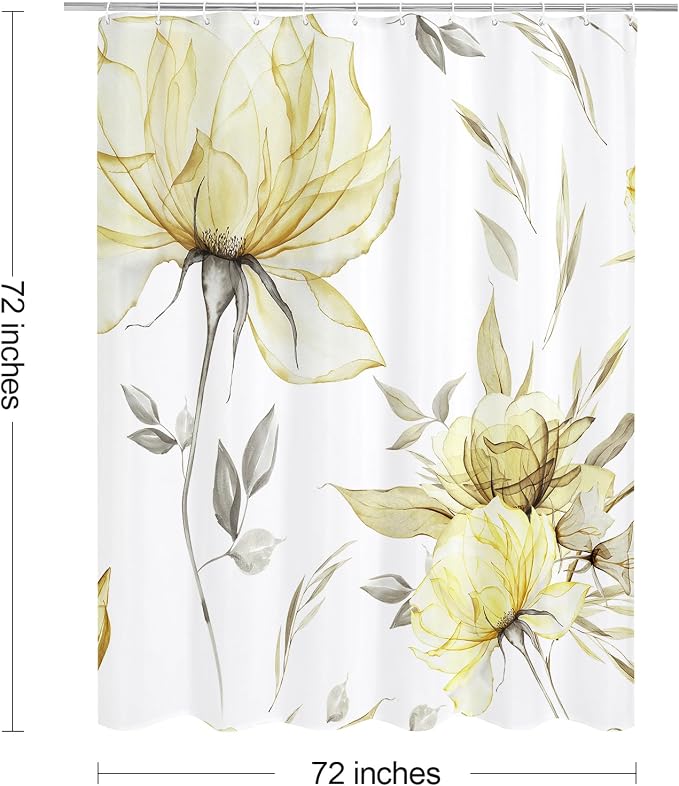 Litabel Yellow Boho Watercolor Floral Shower Curtain, Ink Painting Style Blossom & Leaf Shower Curtains for Chic Elegant Bathroom, Artistic Fabric Cloth Modern Flower Shower Curtain, 72x72