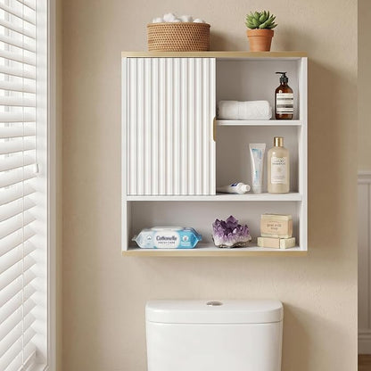 Bathroom Wall Cabinet Fluted,Medicine Cabinet Over Toilet Storage Cabinet | Fernitry Farmhouse Wall Mounted Storage Cabinet Organizerwith Adjustable Shelf, Wood White Gold 23.33''Wide