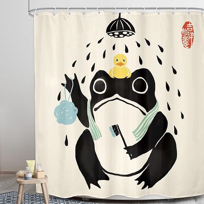 LGhtyro Funny Frog Shower Curtain Bathroom Set 71Wx84H Inches Asian Traditional Japanese Extra Long Rubber Duck Retro Black Beige Bath Accessories Cute Animal Art Home Decor Fabric 12 Pack Hooks