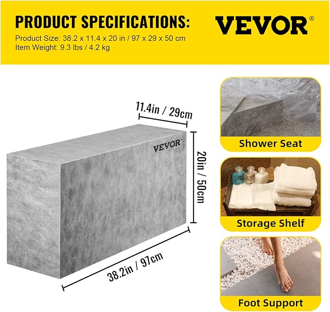 VEVOR Tile Shower Seat, 38.2" x 11.4" x 20" Tile Shower Seat, Factory Waterproof & 100% Leak-Proof Tileable Shower Corner Seat, 440lbs Loading Rectangular Board Shower Bench, Grey