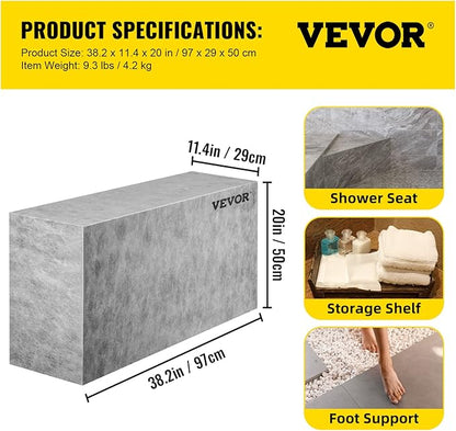 VEVOR Tile Shower Seat, 38.2" x 11.4" x 20" Tile Shower Seat, Factory Waterproof & 100% Leak-Proof Tileable Shower Corner Seat, 440lbs Loading Rectangular Board Shower Bench, Grey