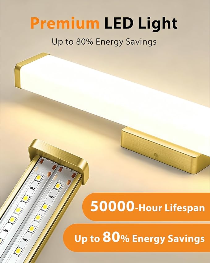 24" LED Bathroom Vanity Light 14W Brushed Brass 4000K Square | Natural White Light,Wall Bar Lighting,Rust & Moisture Resistant, Energy-saving, moisture-proof, for bathroom dresser mirror