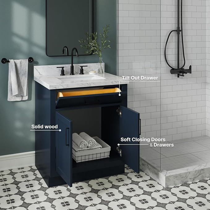 ARIEL Hepburn 30-inch Bathroom Vanity Base Cabinet,Solid Wood, 2 Soft Closing Doors, 1 Dovetail Drawers, Midnight Blue