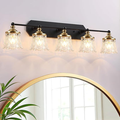 Vintage Bathroom Vanity Light Fixtures, Black and Gold 5-Light Vanity Light, Antique Bathroom Lighting Fixtures Over Mirror with Crystal Glass Shade, Vanity Lights for Bedroom Living Room Hallway