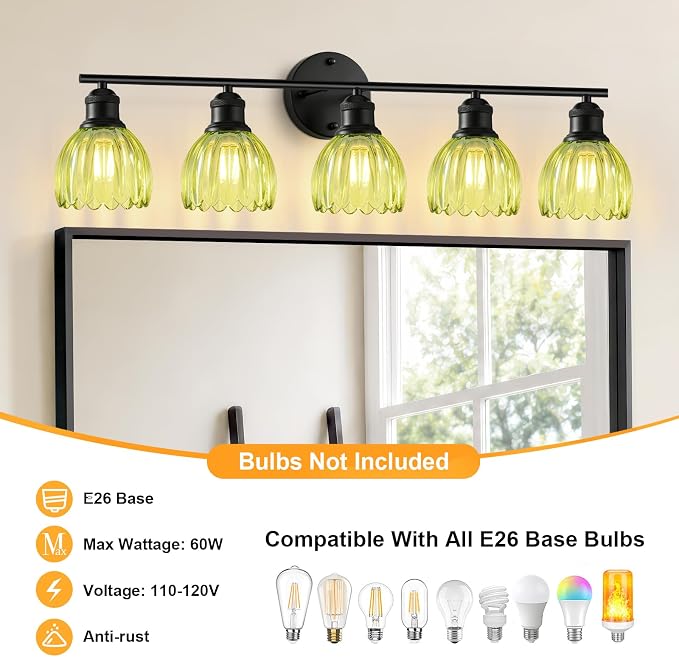 Bathroom Light Fixtures, 5-Light Brushed Black Vanity Lights for Bathroom with Green Tulip Glass Shade, 30" Vintage Bathroom Vanity Lighting Fixtures Over Mirror for Bedroom Living Room Hallway