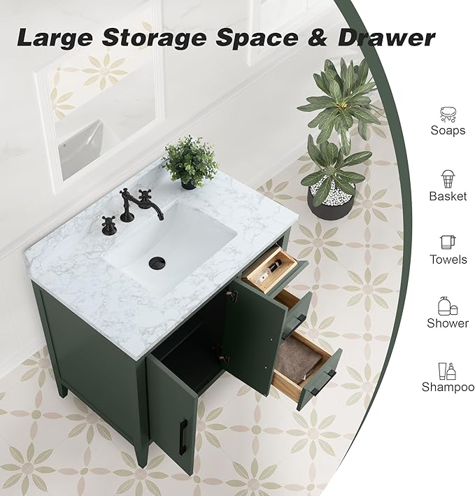 HomeBeyond 36 Inch Bathroom Vanity with Sink & Ceramic Top, Single Vanity Cabinet with Basin, Soft-Closing Doors & Matte Black Hardware, Vintage Green