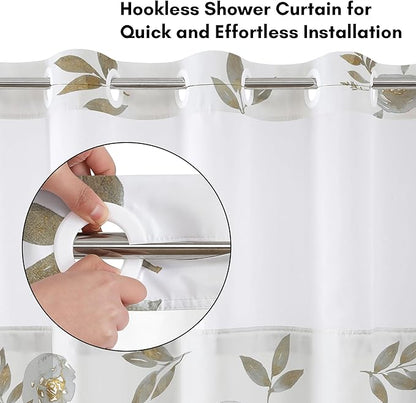 Americanflat 72x75 Hookless Shower Curtain - Water-Resistant Floral Shower Curtain with Sheer Panel, Snap-In Liner, and Grommets - 100% Polyester - Botanical Bathroom Curtains - Silver, White and Gold