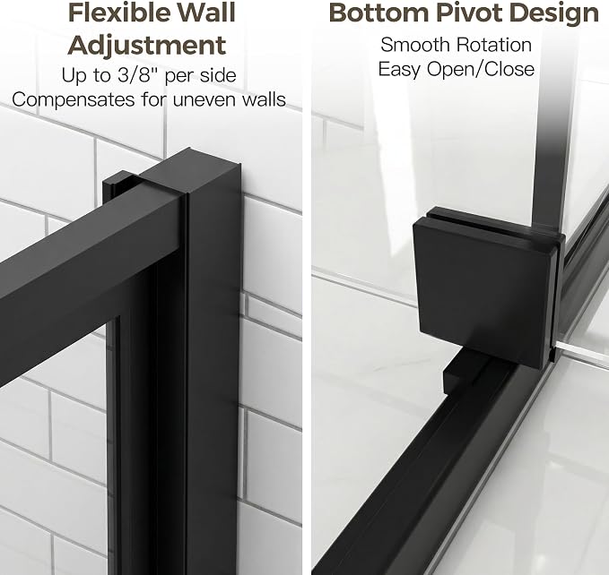 56-60" W x 72" H Semi-Frameless Pivot Swing Shower Doors | 1/4" (6mm) Clear SGCC Tempered Glass with a 24.8" walk-in opening, Matte Black Finish, Reversible, Magnetic Closing
