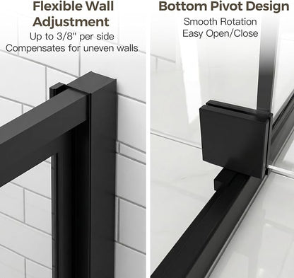 56-60" W x 72" H Semi-Frameless Pivot Swing Shower Doors | 1/4" (6mm) Clear SGCC Tempered Glass with a 24.8" walk-in opening, Matte Black Finish, Reversible, Magnetic Closing