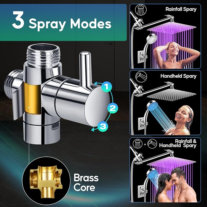 LED Shower Head, 12" LED Shower Head with Color Changing Lights Handheld | High Pressure Rainfall Shower Head Combo, Chrome Stainless Steel & 11" Flexible Curved Arm, 60" Hose